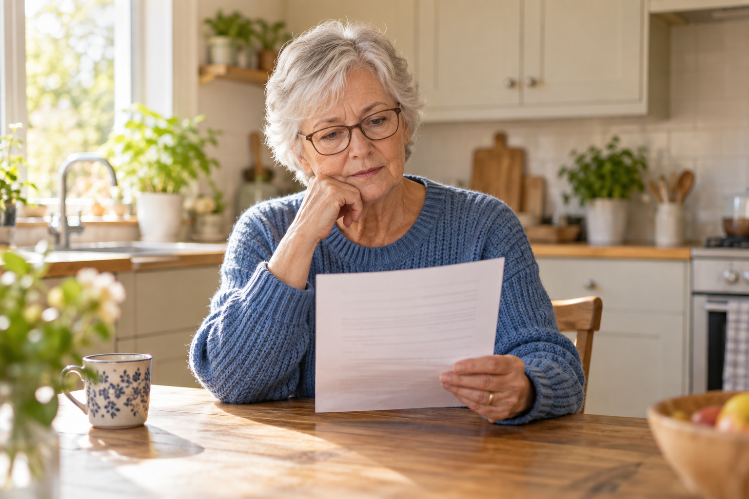 A woman taking a closer look at a letter at her kitchen table